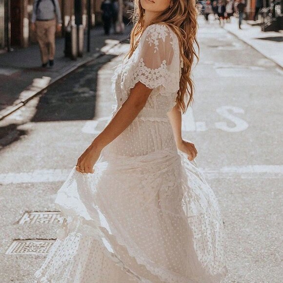. Dresses & Skirts - White Bohemian Womens V-Neck Buttoned Floral Lace Flowy Polka Dot Fringe Dress